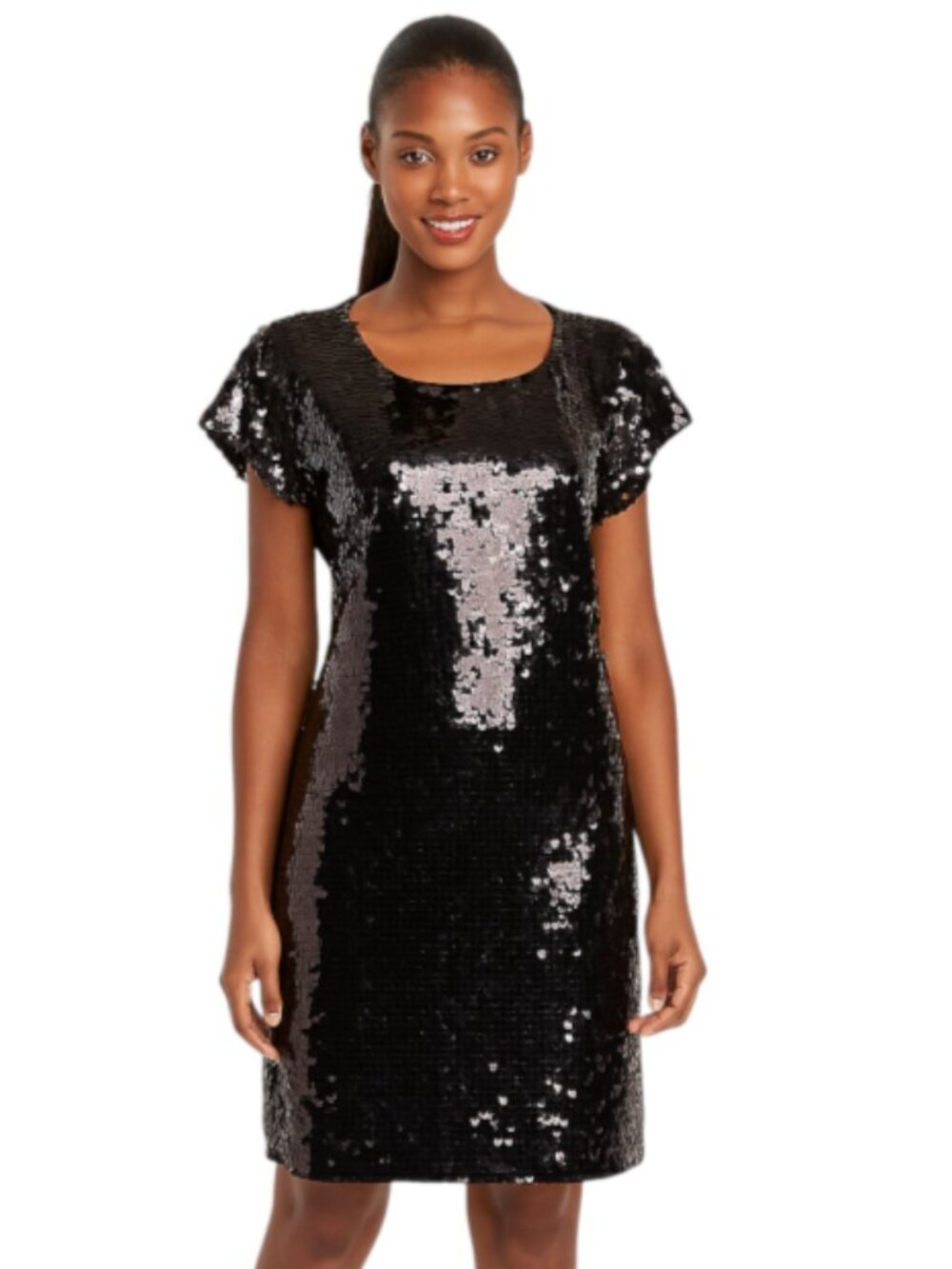 Alfani Holiday Party Black Sequined Size Medium Cocktail Dress Cap Sleeve Lined